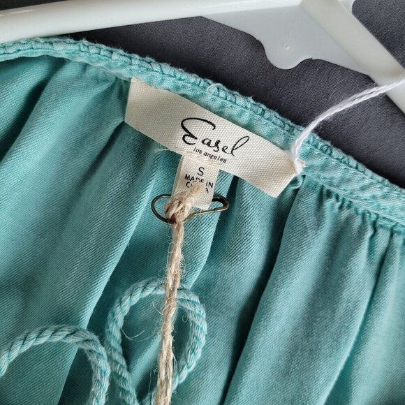 Easel Short Sleeve Top Size Small 100% Tencel Ruffle Boho Oversized Tassel Teal - Picture 5 of 8